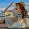 Bsubseach Women Crochet Set 2 Piece Swimsuit Cover Up Long Sleeve V-Neck Crop Top Knit Mini Wrap Skirt Beach Vacation Sets Apricot XL view 4