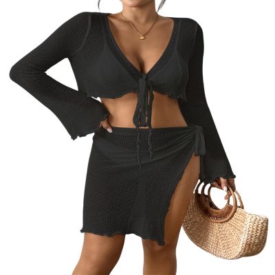 Bsubseach Women Crochet Set 2 Piece Swimsuit Cover Up Long Sleeve V-Neck Crop Top Knit Mini Wrap Skirt Beach Vacation Sets Black XL
