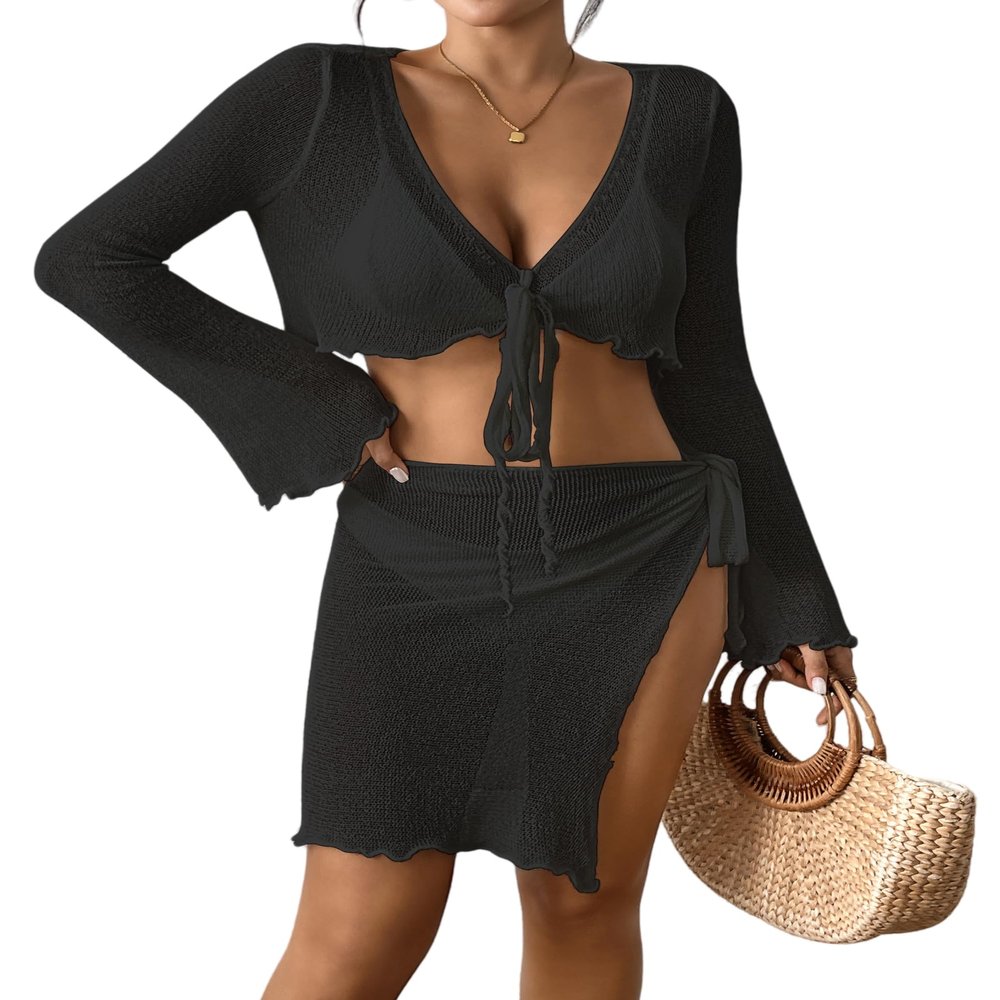 Bsubseach Women Crochet Set 2 Piece Swimsuit Cover Up Long Sleeve V-Neck Crop Top Knit Mini Wrap Skirt Beach Vacation Sets Black XL