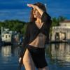 Bsubseach Women Crochet Set 2 Piece Swimsuit Cover Up Long Sleeve V-Neck Crop Top Knit Mini Wrap Skirt Beach Vacation Sets Black XL view 2