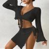 Bsubseach Women Crochet Set 2 Piece Swimsuit Cover Up Long Sleeve V-Neck Crop Top Knit Mini Wrap Skirt Beach Vacation Sets Black XL view 4