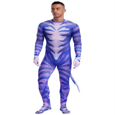 Lorilida Men's Spandex Full Body Zentai Costume Bodysuit Muscle Animal Printed Jumpsuit with Tail Type I 3X-Large