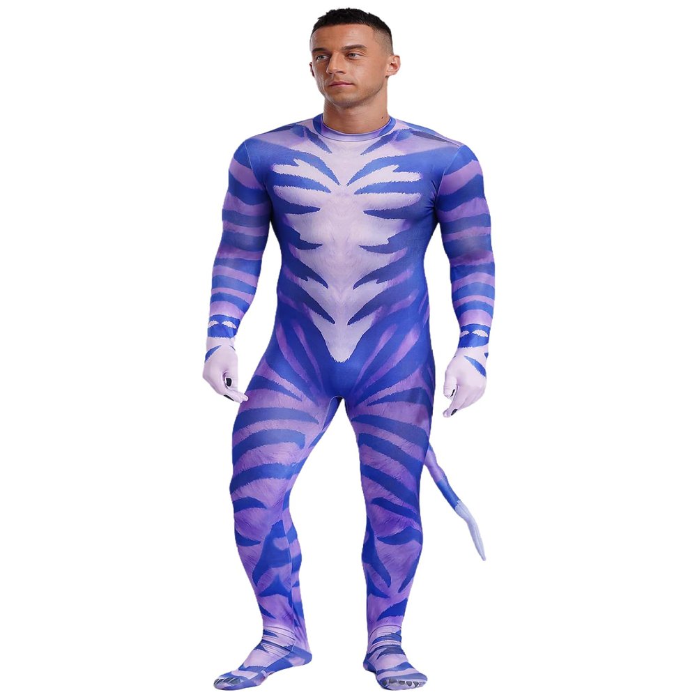 Lorilida Men's Spandex Full Body Zentai Costume Bodysuit Muscle Animal Printed Jumpsuit with Tail Type I 3X-Large
