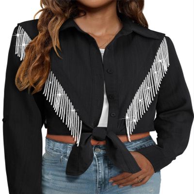 MYMORE Womens Rhinestone Fringe Shirt Crop Top Nashville Country Western Cowgirl Outfit Long Sleeve Glitter Button Up Shirts Top Dolly Costume Parton Party Club Cowboy Carter Outfit Clothing Black S