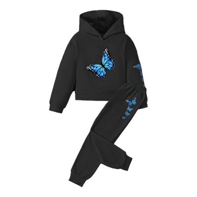 Toddler Girl Butterfly Print Long Sleeve Hoodie Pants Set Children Kids Girls 2Pcs Clothing Sets Fall (Black, 7-8 Years)