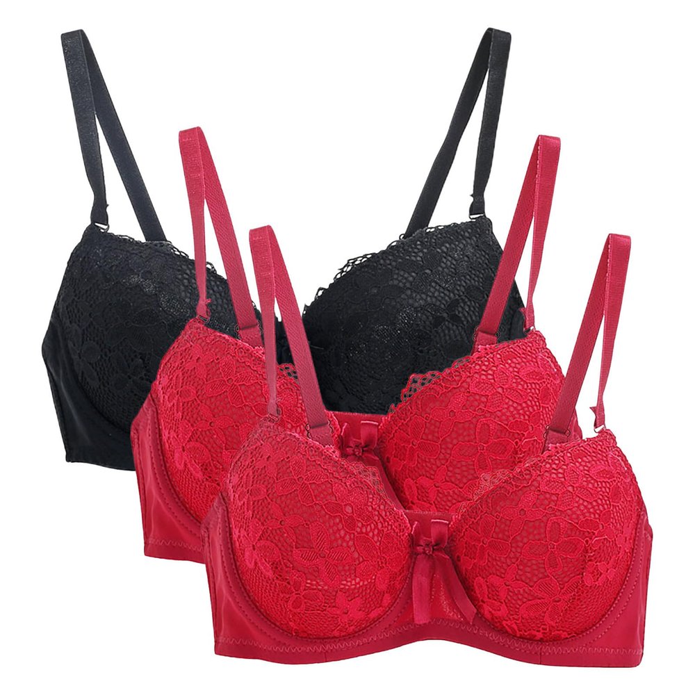 3PC Push Up Bras for Women Sexy Lace Full Coverage Wirefree Everyday Bra Soft Comfy Breathable Daily Padded Underwear