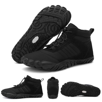 FLIOZY Wide Barefoot Hiking Boots for Women Men | Minimalist Five-Finger Fleece Warm Winter Shoes | Zero Drop Wide Toe Box Snow Boots | Waterproof Ankle Booties with Elastic Cord Black 41