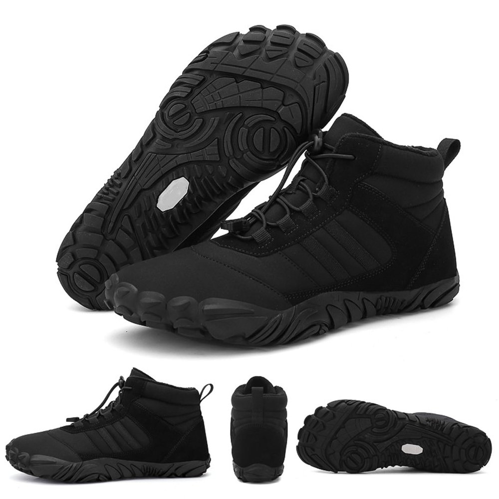Wide Barefoot Hiking Boots for Women Men | Minimalist Five-Finger Fleece Warm Winter Shoes | Zero Drop Wide Toe Box Snow Boots | Waterproof Ankle Booties with Elastic Cord Black 35