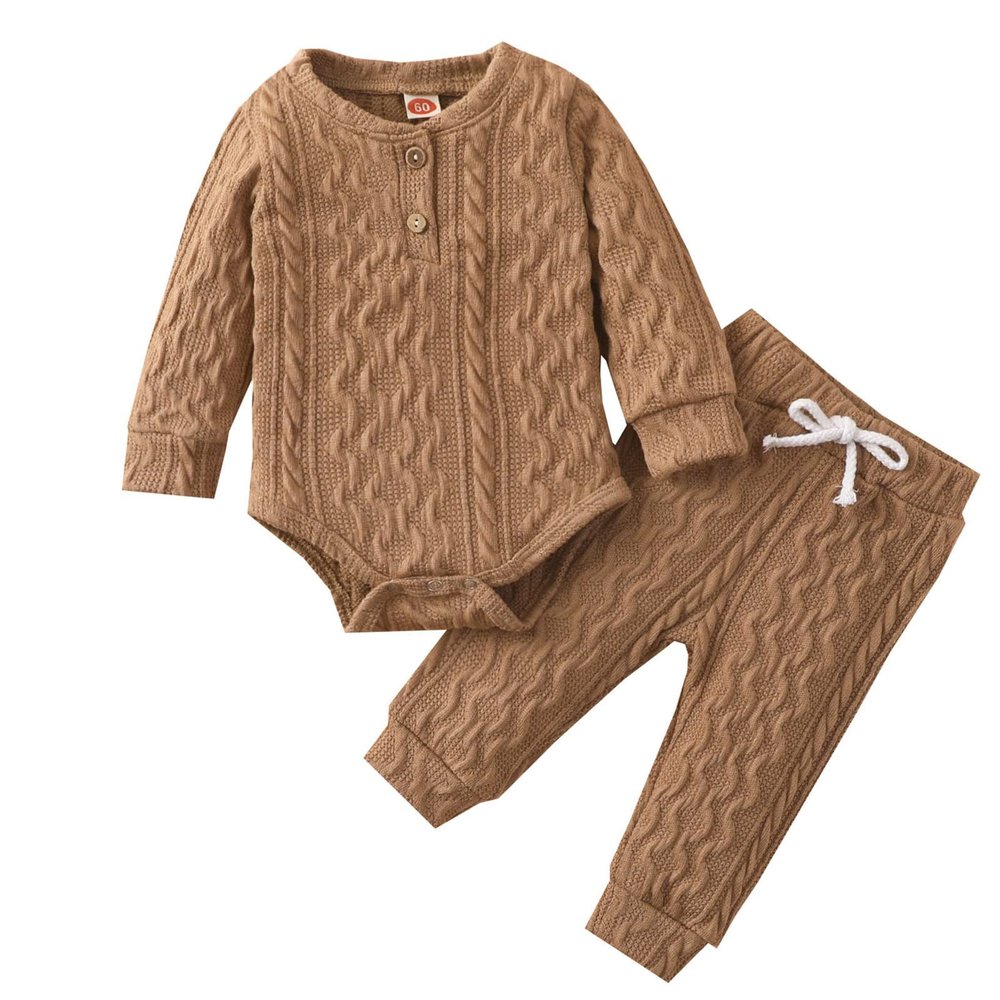 Newborn Baby Boy Girl Clothes Ribbed Knitted Cotton Long Sleeve Romper Long Pants Thick Warm Fall (Brown, 3-6 Months)