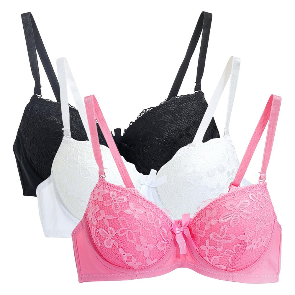 3PC Push Up Bras for Women Sexy Lace Full Coverage Wirefree Everyday Bra Soft Comfy Breathable Daily Padded Underwear