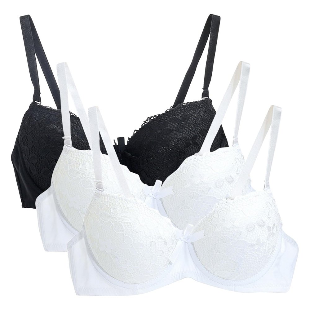 3PC Push Up Bras for Women Sexy Lace Full Coverage Wirefree Everyday Bra Soft Comfy Breathable Daily Padded Underwear