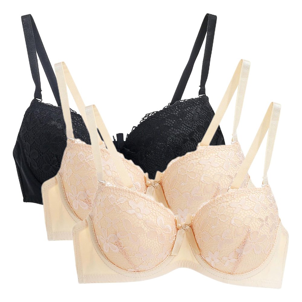 3PC Push Up Bras for Women Sexy Lace Full Coverage Wirefree Everyday Bra Soft Comfy Breathable Daily Padded Underwear