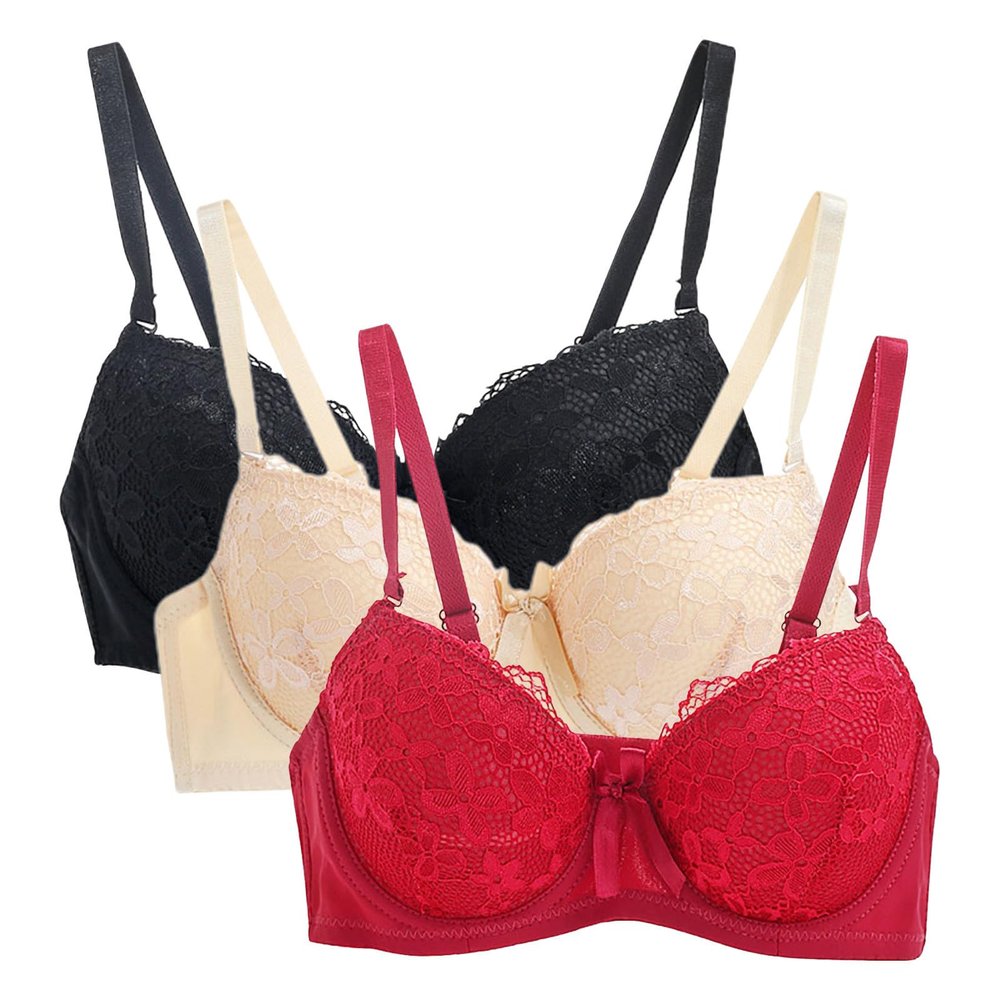 3PC Push Up Bras for Women Sexy Lace Full Coverage Wirefree Everyday Bra Soft Comfy Breathable Daily Padded Underwear