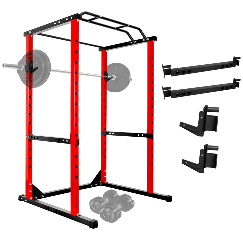 QUARPAL Power Cage, Power Rack with 1200 Pounds Capacity Workout Cage with More Training Attachments, Squat Rack Power Cage withSquat and Bench Rack Combos for Home Gym, Red