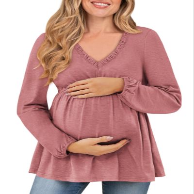 FMEYOA Maternity Dress Fall Loose Fall Long Sleeve Tops Fashion Basic Dark Pink Pregnancy T Shir S