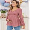 FMEYOA Maternity Dress Fall Loose Fall Long Sleeve Tops Fashion Basic Dark Pink Pregnancy T Shir S view 2