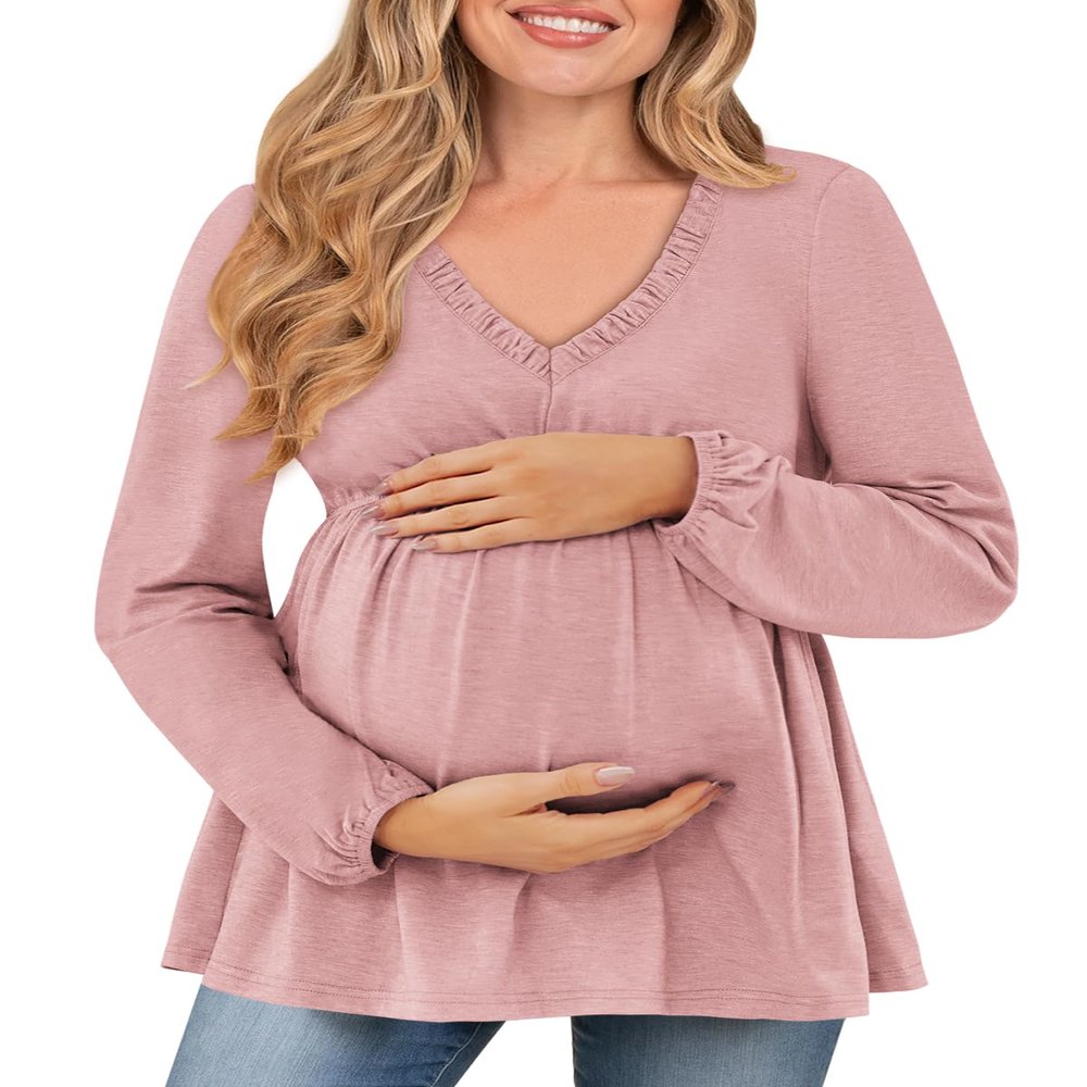 Maternity Work Clothes Tunic Tops to Wear with Leggings Ladies Babydoll Tops Light Pink Pregnancy Shirt M