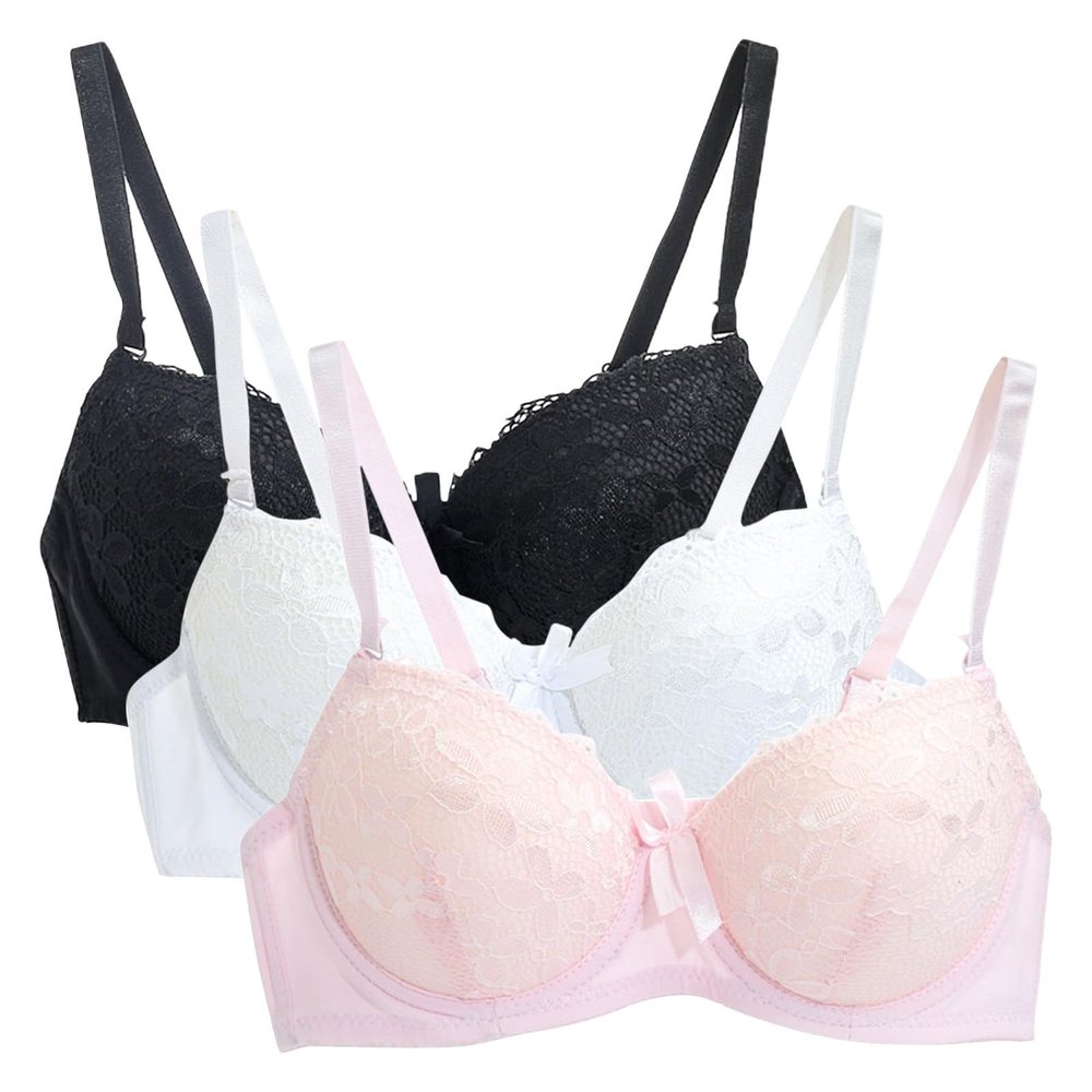 3PC Push Up Bras for Women Sexy Lace Full Coverage Wirefree Everyday Bra Soft Comfy Breathable Daily Padded Underwear