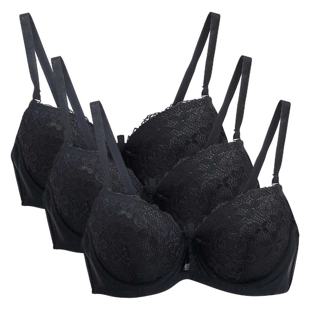 3PC Push Up Bras for Women Sexy Lace Full Coverage Wirefree Everyday Bra Soft Comfy Breathable Daily Padded Underwear