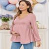 FMEYOA Maternity Dress for Photoshoot Fall Shirt and Blouses 2025 Dressy Solid Color Light Pink Maternity Tunic Tops L view 2