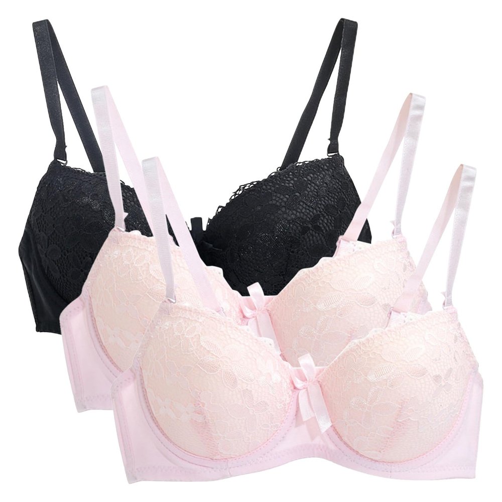 3PC Push Up Bras for Women Sexy Lace Full Coverage Wirefree Everyday Bra Soft Comfy Breathable Daily Padded Underwear