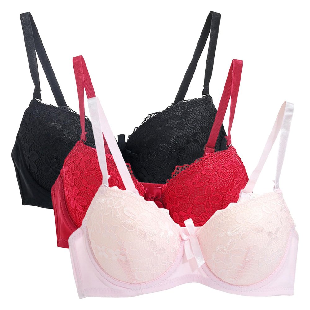 3PC Push Up Bras for Women Sexy Lace Full Coverage Wirefree Everyday Bra Soft Comfy Breathable Daily Padded Underwear