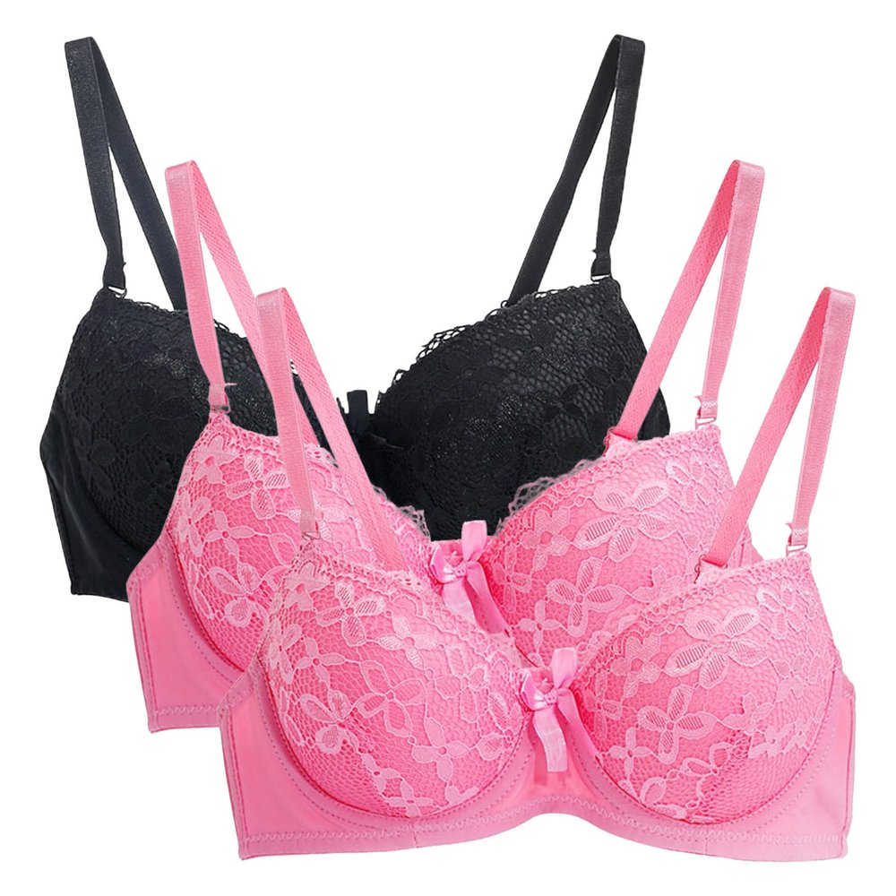 3PC Push Up Bras for Women Sexy Lace Full Coverage Wirefree Everyday Bra Soft Comfy Breathable Daily Padded Underwear