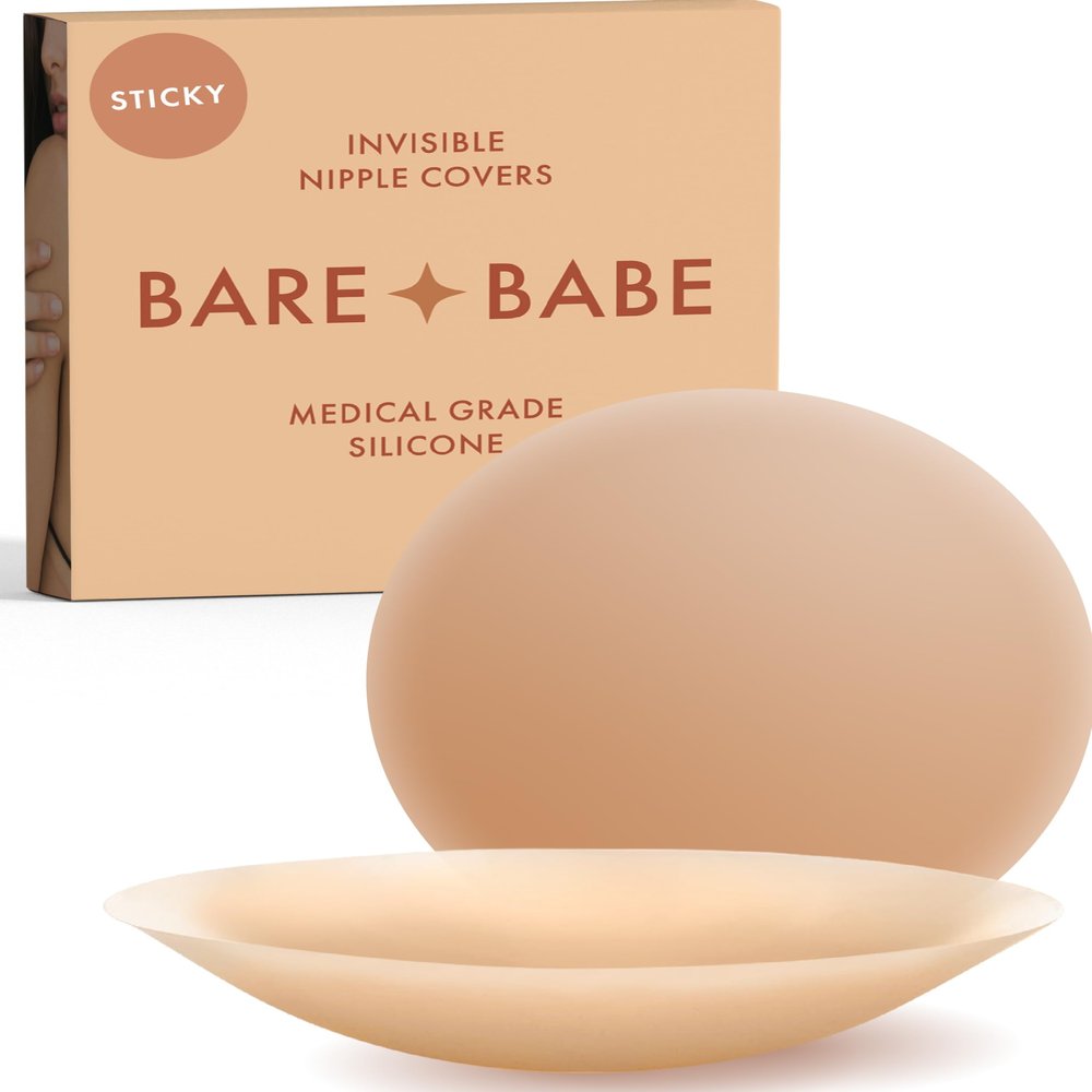 Bare Babe Reusable Silicone Nipple Covers - Waterproof, Nude, 4 Shades - Sticky Breast Stickers for Strapless Dress (Honey, X-Large)