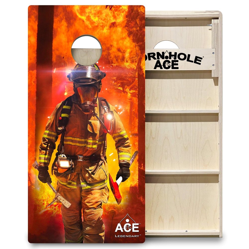 CornholeAce ACE PRO Firefighter Professional Cornhole Boards - No Bounce! 3/4" Baltic Birch Plywood, Handles, Regulation Size (4x2ft), Tournament Style, Made in USA