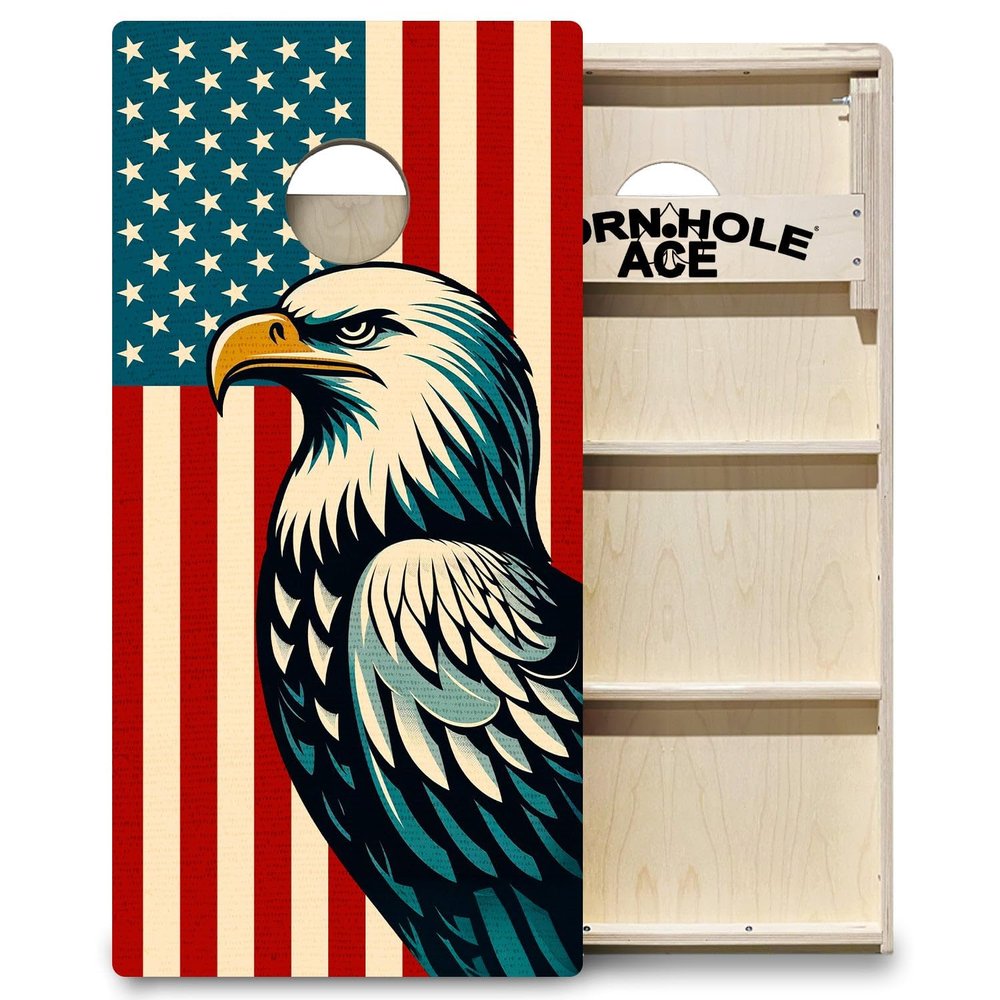 CornholeAce ACE PRO Vintage Patriotic Eagle Professional Cornhole Boards - No Bounce! 3/4" Baltic Birch Plywood, Handles, Regulation Size (4x2ft), Tournament Style, Made in USA