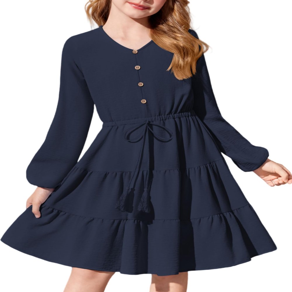 Arshiner Girls Dresses Fall Long Sleeve Tween V Neck Button Ruffle Tiered Flowy Swing Dress with Belt Navy Blue 9-10Y