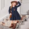 Arshiner Girls Dresses Fall Long Sleeve Tween V Neck Button Ruffle Tiered Flowy Swing Dress with Belt Navy Blue 9-10Y view 4