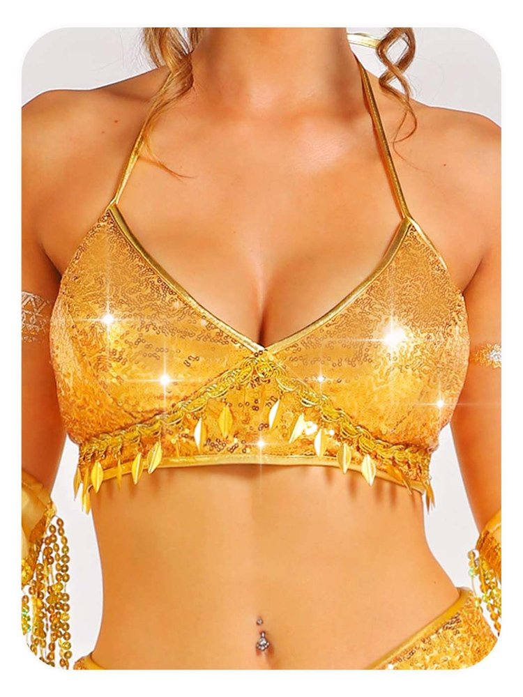 Aukmla Sequin Fringe Outfits Belly Dance Skirt Set Rave Carnival Costume Skirt with Top and Gloves for Women (US, Alpha, One Size, Regular, Regular, Gold Top)