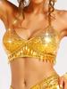 Aukmla Sequin Fringe Outfits Belly Dance Skirt Set Rave Carnival Costume Skirt with Top and Gloves for Women (US, Alpha, One Size, Regular, Regular, Gold Top) view 2