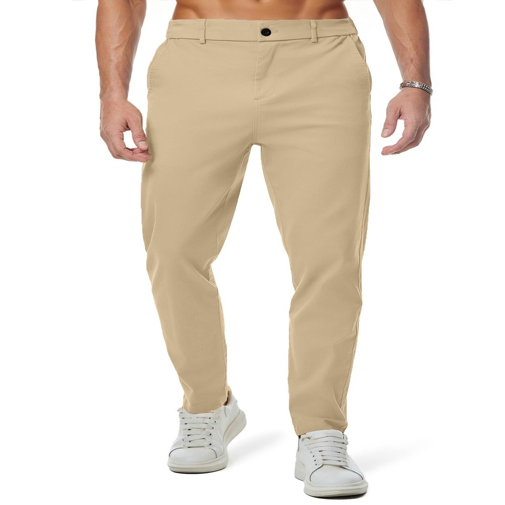 JMIERR Men's Stretch Chino Pants Business Casual Essentials Elastic Waist Classic Fit Tapered Cotton Twill Work Athletic Golf Dress Trousers, M, Light Khaki