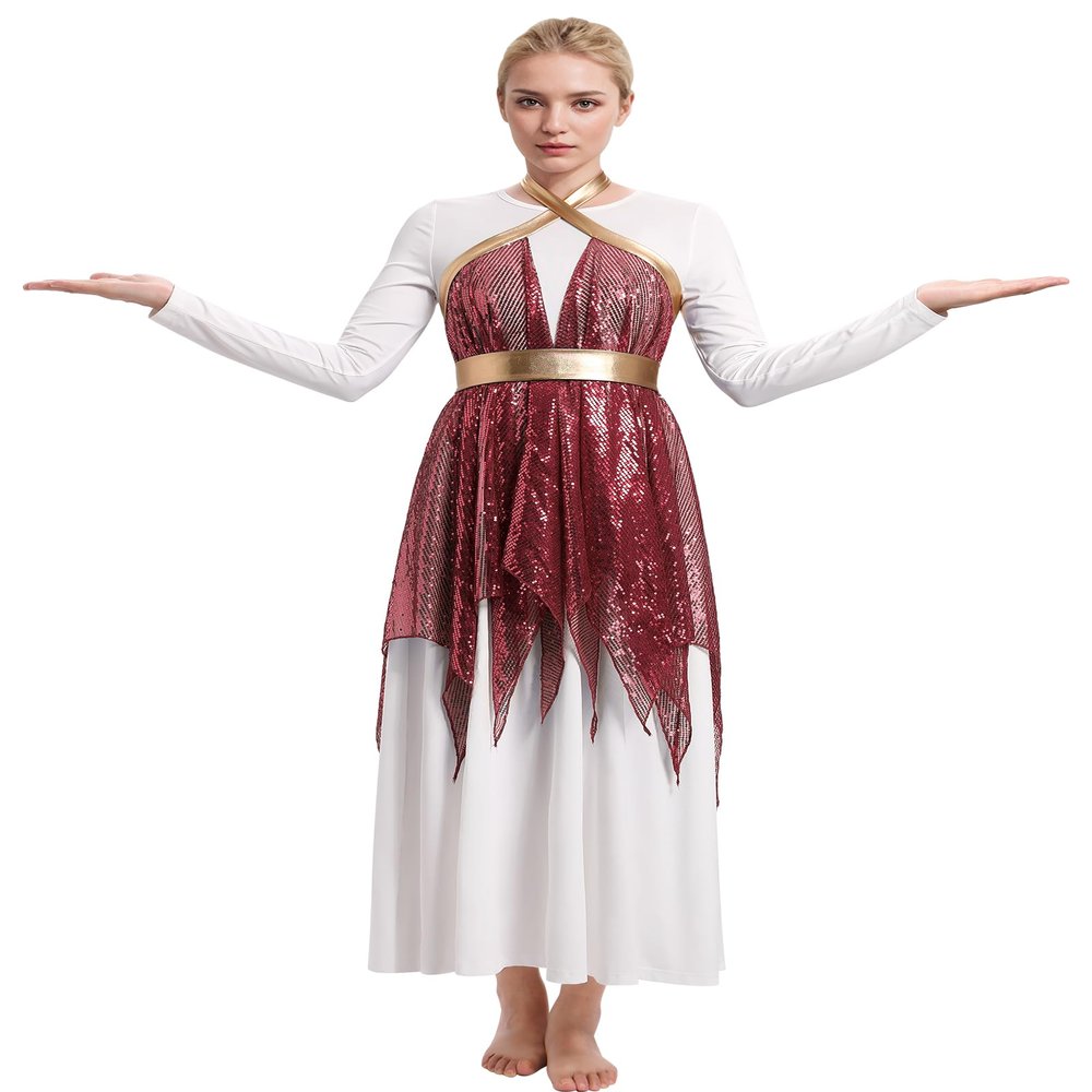 AFAVOM Metallic Lyrical Dance Dress, Long Sleeve Glitters Sequins Costume, Full Length Ruffle Dress with Skirt, Wine XL