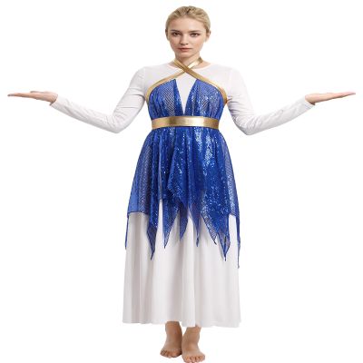 AFAVOM Women Praise Dance Dress Sparkle Lyrical Dance Dress Liturgical Long Sleeve Glitters Sequins Dress Tunic Worship Church Dancewear Costume Full Length Ruffle Dress with Skirt Royal Blue S
