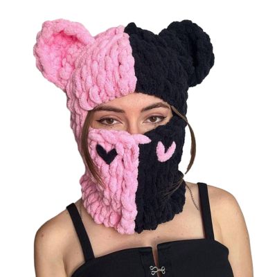 Dsgzkk Bear Ears Halloween Knitted Hat Beanies Warm Full Face Cover Ski Mask Hat Windproof Balaclava Hat for Men Womens Pink Black