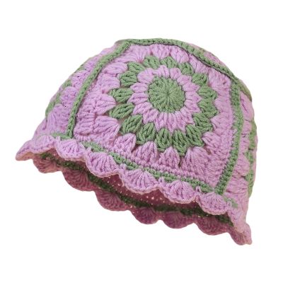 Dsgzkk Elegant Bucket Hat Floral Granny-Square Crochet Hat Holiday Decors Vacation Hat Western Cloch Style for Schoolgirls Light Purple