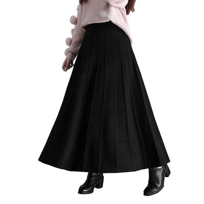 Womens Winter Soft Knitted Long Skirt Vintage High Waist Fall Elegant A-line Midi Pleated Skirt Black S