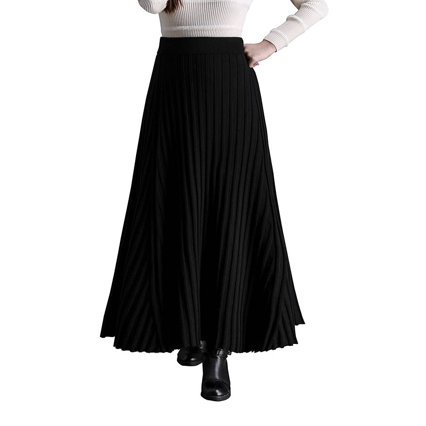 Womens Winter Soft Knitted Long Skirt Vintage High Waist Fall Elegant A-line Midi Pleated Skirt Black M