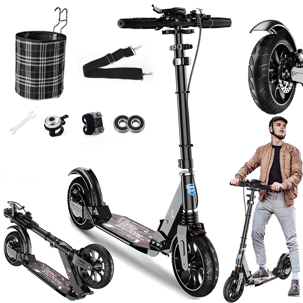 CUIOT Kick Scooter for Kid Ages 6+,Teens & Adults - Max Load 300 LBS, 4 Adjustable Levels, 200mm Big Wheel Scooter - FoldingLightweight, Aluminum, Indoor and Outdoor Scooters, Bearing ABE,Black