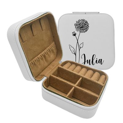 Personalized Vegan Leather Jewelry Box for Women | Travel Custom Jewelry Organizer Case with Name and Birth Flower for Rings Earrings Necklaces (White)