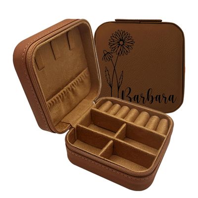 Personalized Vegan Leather Jewelry Box for Women | Travel Custom Jewelry Organizer Case with Name and Birth Flower for Rings Earrings Necklaces (Rawhide)