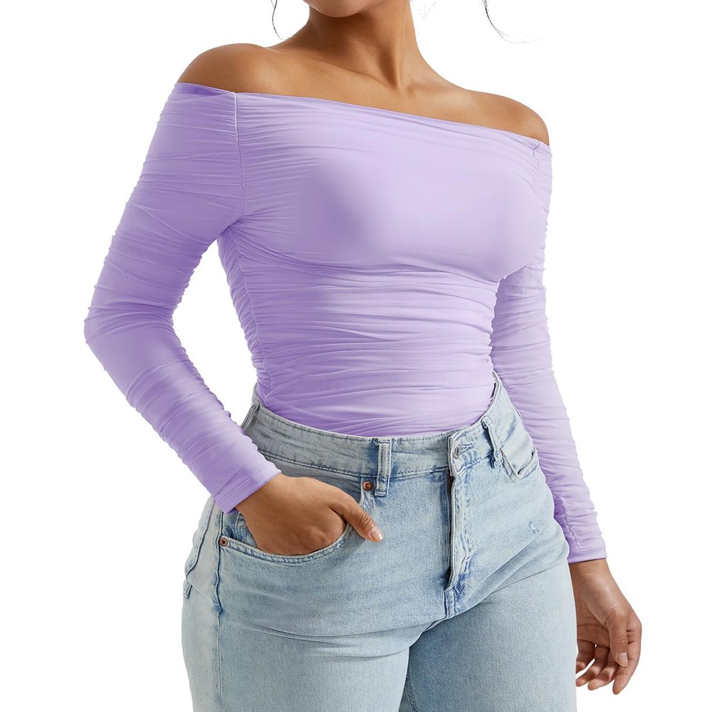 OMKAGI Women Long Sleeve Tops Sexy Off Shoulder Shirts Fitted Going Out Y2K Crop Top(S,Purple-268)