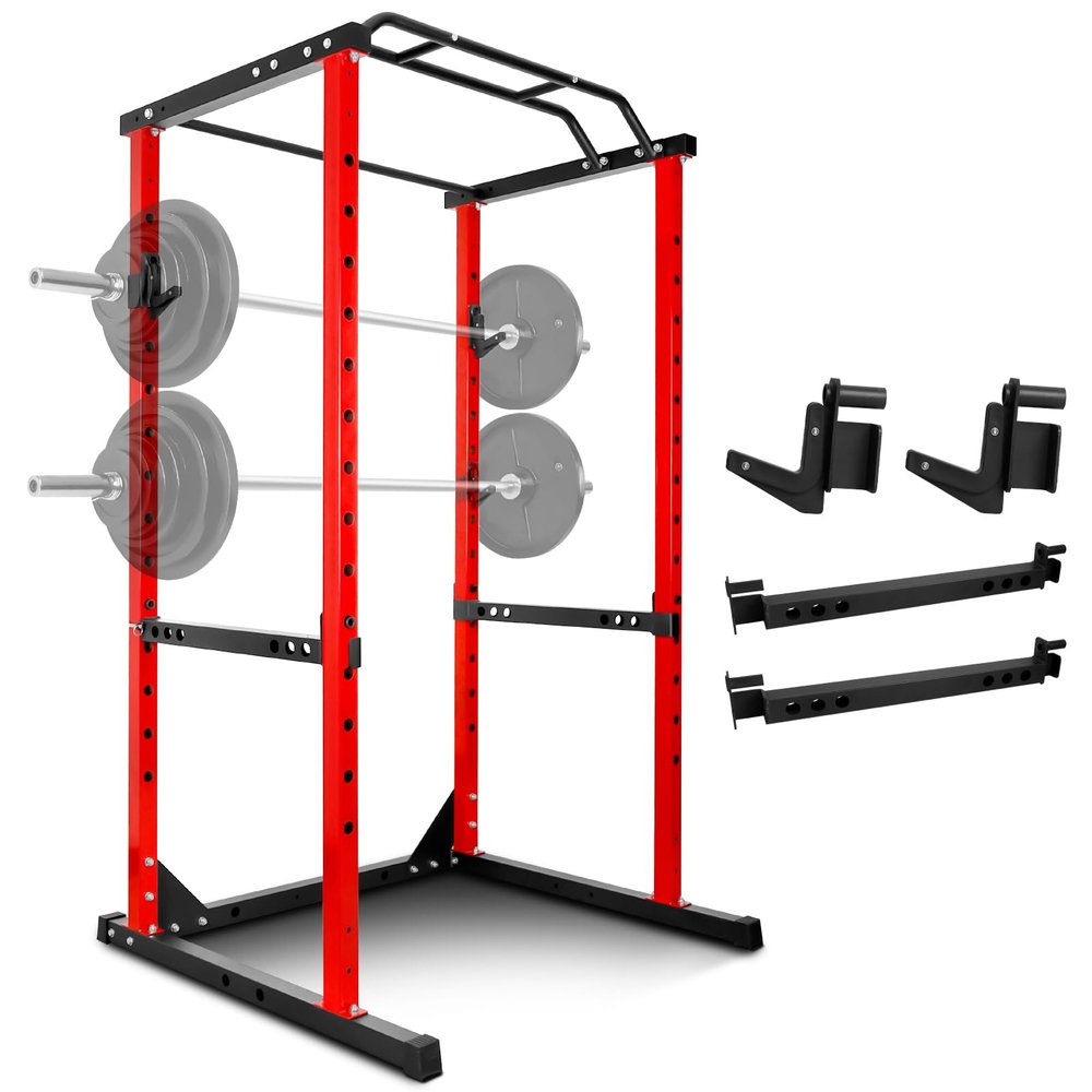 CETIVENO Power Cage, 1200LB Squat Rack, Dual Pulley Cable Crossover System, Multi-function Free Weight Home Gym Workout Machine with Attachments, Black (Red)