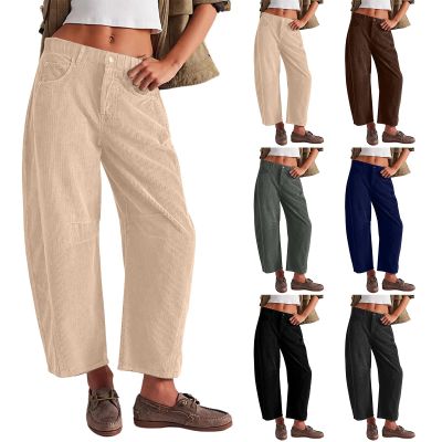 Corduroy Pants Women Elastic Waist Mid Rise Barrel Jeans Cord Wide Leg Vintage Pants Cropped Ankle Pants with Pockets 2024 Corduroy Pants Woman Wide Leg Cropped Jeans for Women Women's Pants Casual