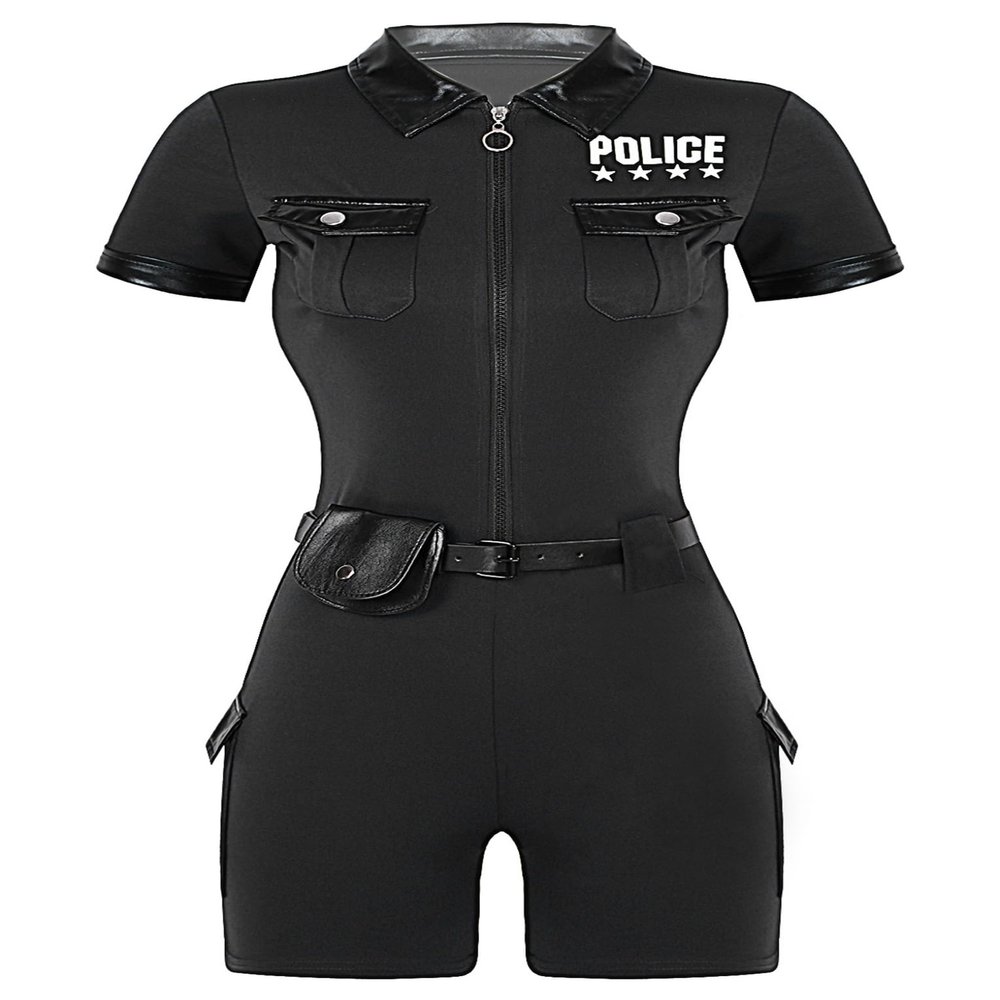 JanJean Womens Dirty Cop Uniform Costume Cop Dress Up Jumpsuit with Belt and Purse Police Uniforms Black X-Large