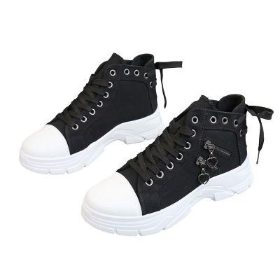 JYSwoshoe Platform Sneakers for Women Fashion,Trendy Comfortable Canvas Shoes for Women White Casual Tennis Shoes Low Top Lace Up Breathable Slip On Walking Shoes (Black, 8.5)