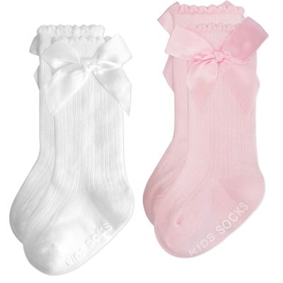 Boonbery Baby Girls Knee High Socks Non Slip Toddler Stockings Cotton Bow Ruffle Newborn Long Socks Infant Tube Dress Socks 0-6/6-12M